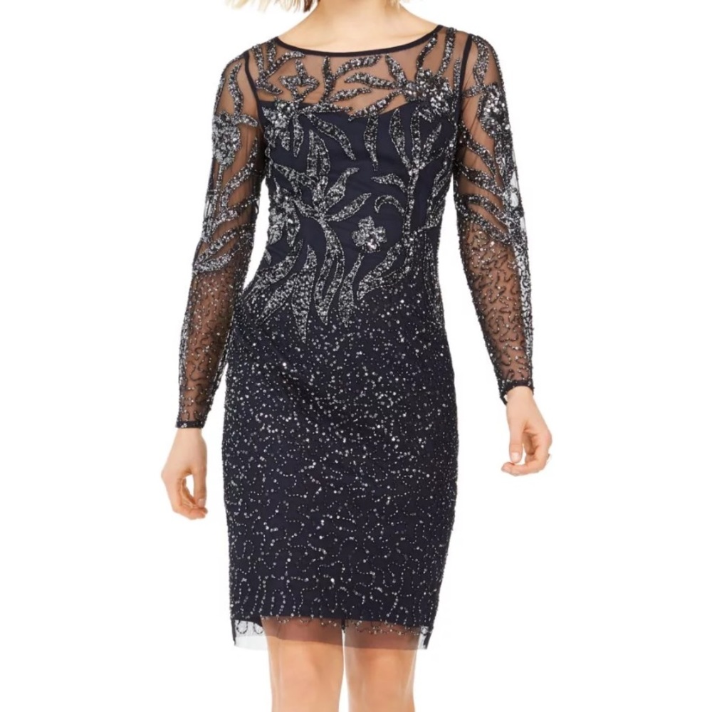 Adrianna Papell Long Sleeve Sequined Beaded Mesh Dress-Midnight Short